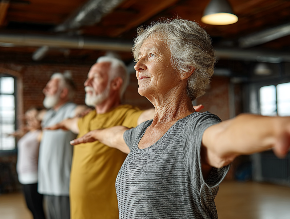 Група людей середнього віку займається танцювальною терапією в світлій студії